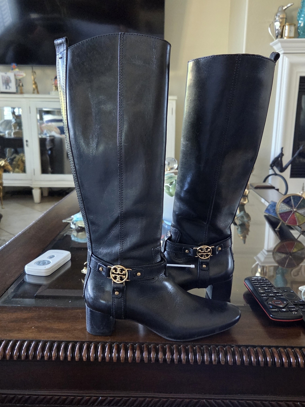Tory Burch Black Leather Knee-High Boots with Gold Logo Hardware